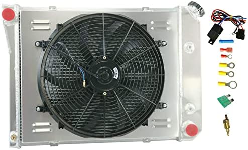 COOLINGBEST Aluminum Radiator 3 Row for 1974-1979 Chevy Nova/ 1975-1984 EL Camino/ 1974-1981 Camaro Impala Skylark Multiple GM Models, Crossflow Radiators+16''Electric Fan Shroud+Relay
