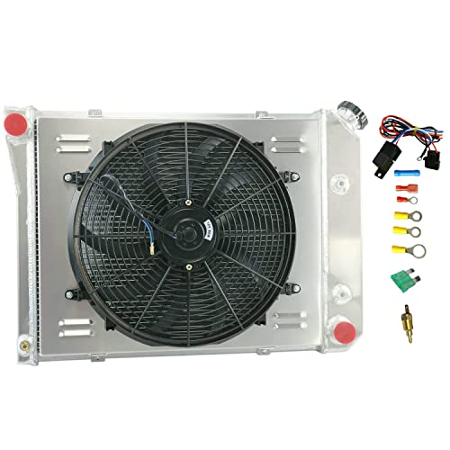 Coolingbest Aluminum Radiator 3 Row For 1974-1979 Chevy Nova/ 1975-1984 El Camino/ 1974-1981 Camaro Impala Skylark Multiple Gm Models, Crossflow Radiators+16''Electric Fan Shroud+Relay #TOP8