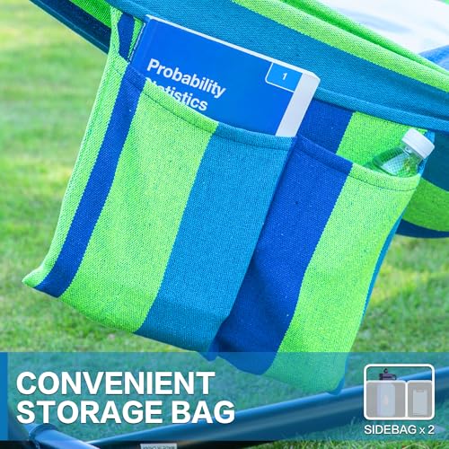 Image of PNAEUT Double Hammocks with Stand for Outside, Portable Space Saving Heavy-Duty Steel Stand for Indoor Outdoor Patio with Sidebag, 450 lbs Capacity (Blue)