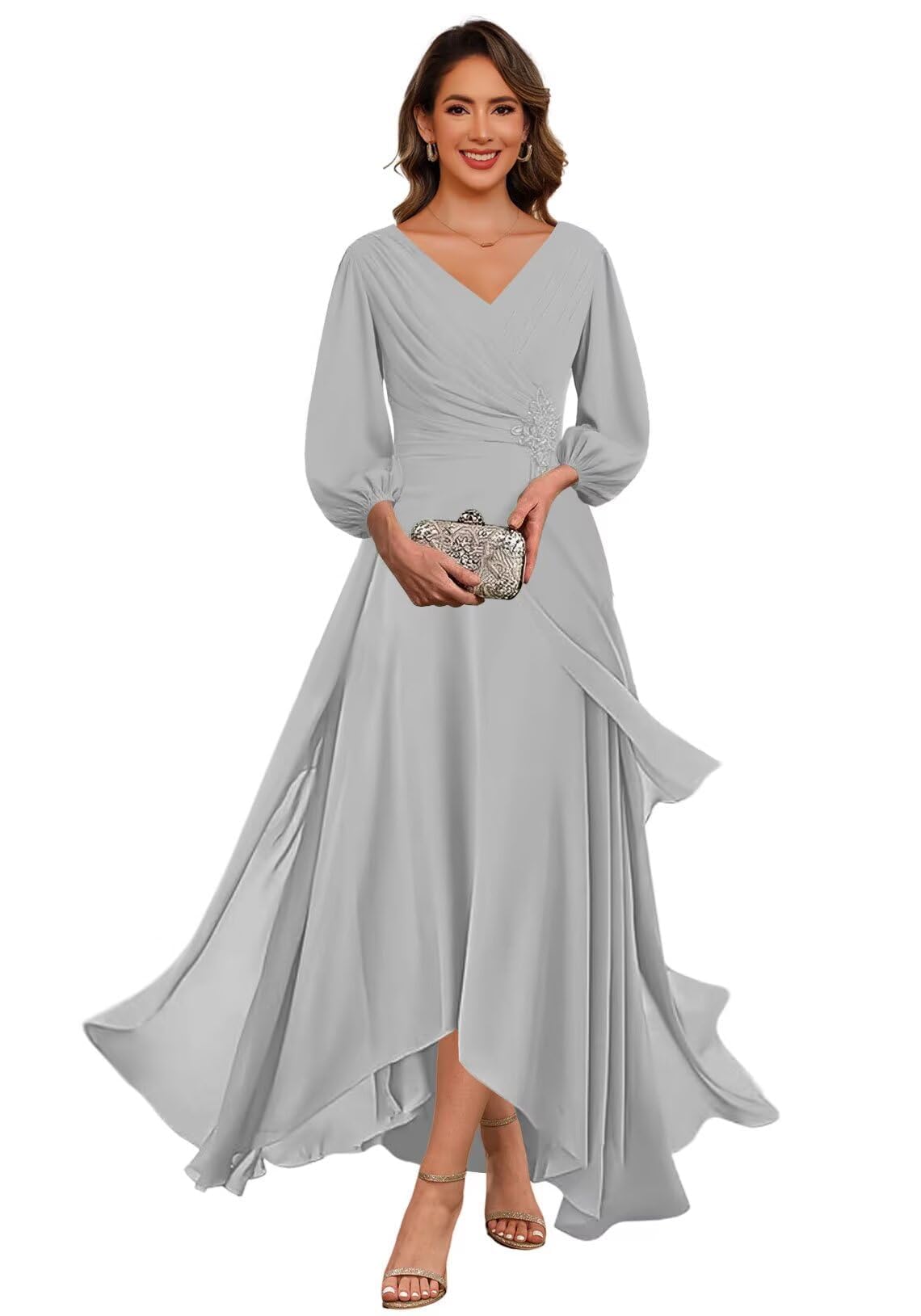 Kiyne Women's Silver Long Sleeve Mother Of The Bride Dresses For Wedding Pleated V Neck Chiffon Mother Of The Groom Dress Uk16