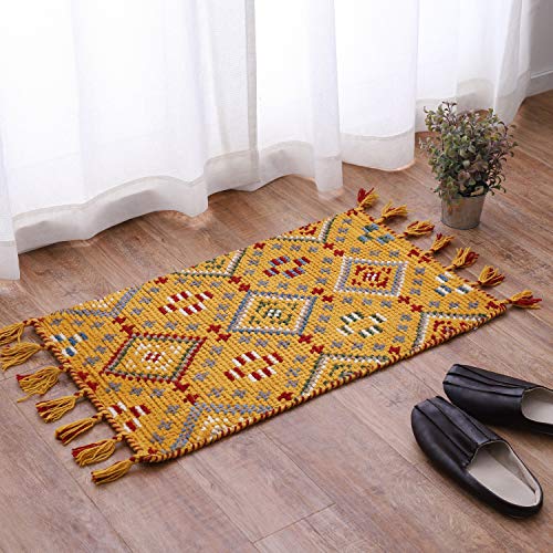 萩原 玄関マット 屋内 イエロー 約45×75cm ウール100% 羊毛 手織り ノルディック エスニック