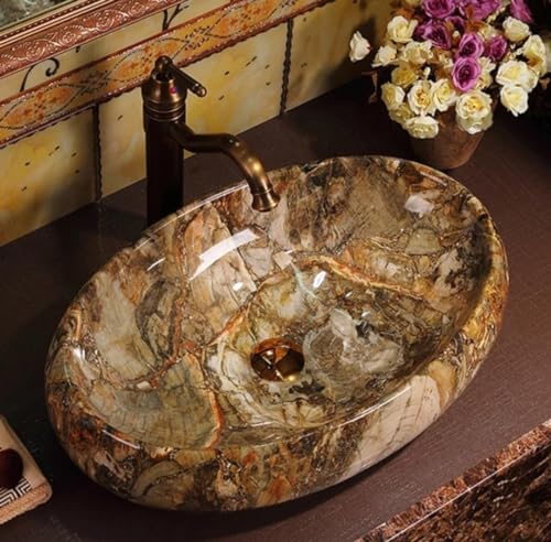 Image of Designer Counter Top Wash Basin | Tabletop Ceramic Bathroom Sink | Wash Basin Over Counter | Wash Basin For Bathroom, Living Room (24 x 15 x 6 Inch) (Glossy Wooden Green)