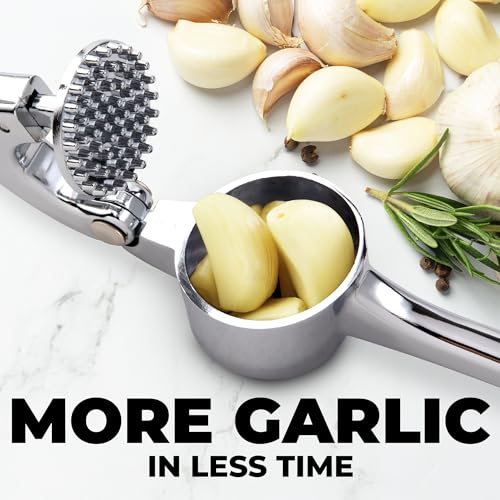 Image of Zulay Kitchen Large Premium Garlic Press Set - Bigger Bowl for Bigger Garlic - Rust Proof Garlic Mincer Tool - Easy-Squeeze, Easy-Clean Silicone Garlic Peeler & Brush (Chrome)