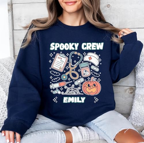 Custom Halloween Nurse Sweatshirt, Personalized Spooky Medical Top with Name and Title, Funny Ghost Pumpkin Design, Gift for Nurses, Nurse Appreciation4