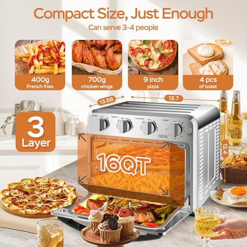 Image of Geek Chef Air Fryer Toaster Oven Combo, 16QT 5-in-1 Toaster Ovens Countertop, Convection AirFryer with Bake, Air fryer & Toaster, Broil and Warm Functions, Stainless Steel Easy Oven for Wonder Meals