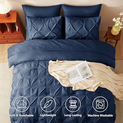 CozyLux Full Size Comforter Sets Navy Blue, 7 Pieces Pintuck Bed in A Bag Full, All Season Bed Set Gift for Family, Pinch Pleat Bedding Sets with Comforter, Sheets, Pillowcases & Shams by CozyLux - Image 3