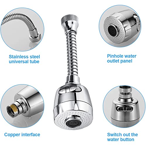 Image of YANCI Kitchen Tap Faucet Extension 17.5cm 360 Degree Rotatable Anti-Splash Extender with Hose Spray Head Swivel Aerator Foam & Rain Mode for Kitchen, Bathroom, Silver, Flexible Nozzle-A