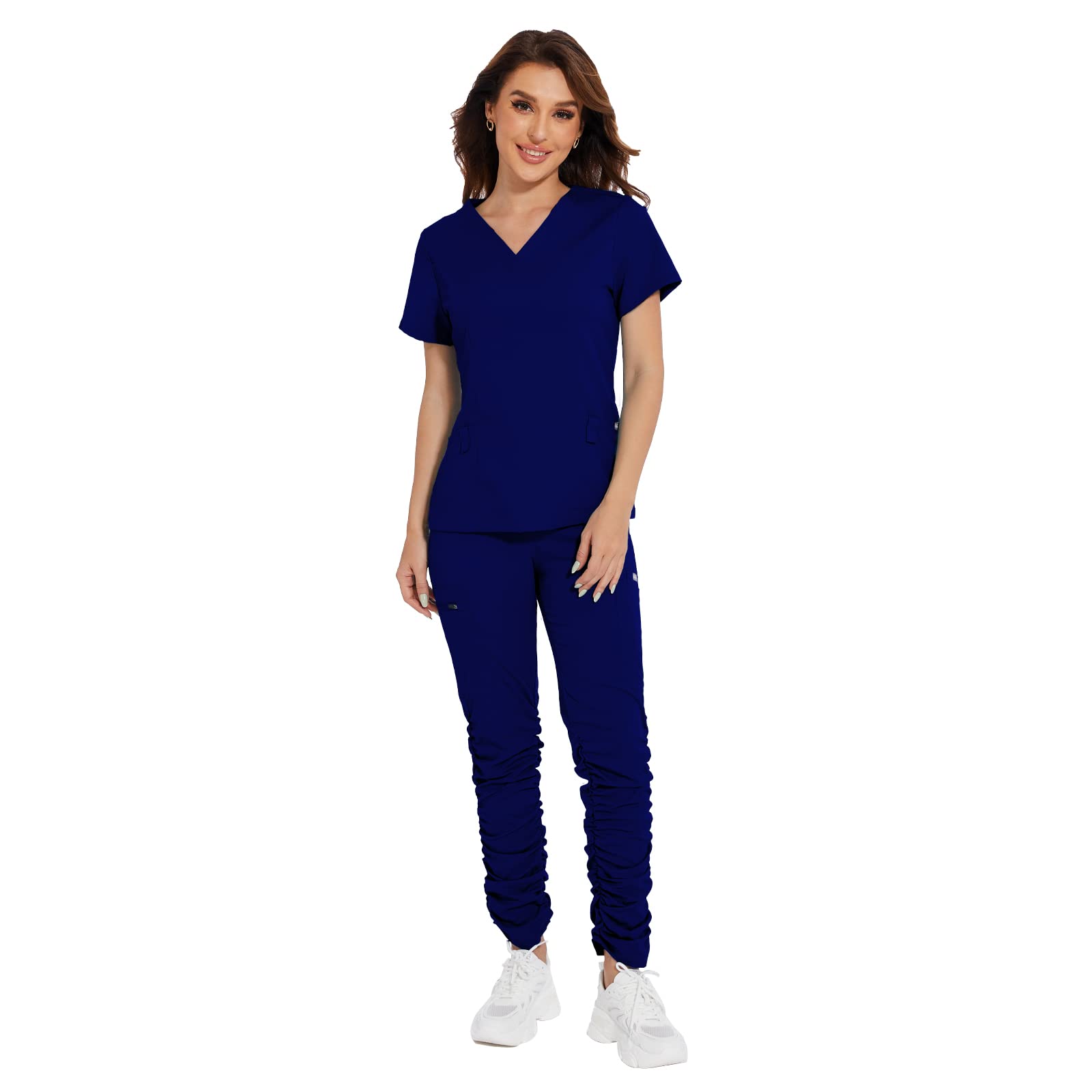 niaahinn Classic Scrub Set for Women - V-neck Scrub Top & Stylish Scrub Pants with Multi Pocket (Navy Blue,XL,X-Large)