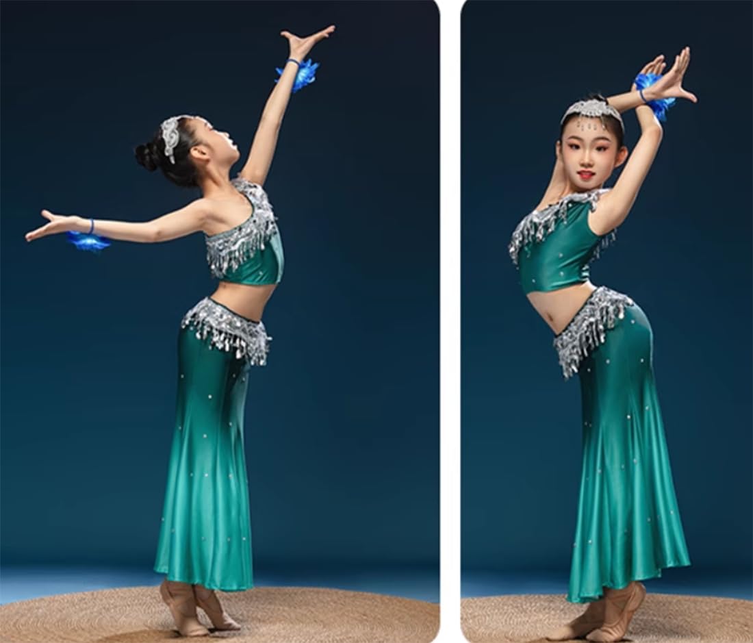 Trajes de Baile para Niñas Traje de Danza del Vientre Vestido Tradicional Indio Trajes de Danza del Pavo Real Vestido de Danza Dai Vestido de Entrenamiento para Actuaciones(130Cm)
