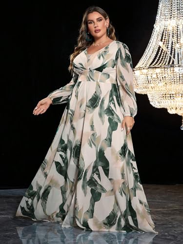 Image of Spring Summer 2024 Plus Size Womens Dresses V Neck Casual Elegant Long Sleeve Floral Print Maxi Dress