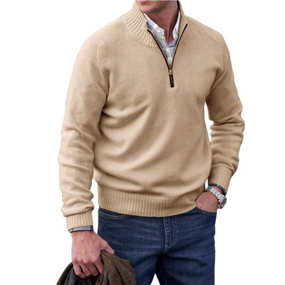 Hombres Cachemira Cremallera Suéter Básico,Suéter de Punto Casual Jersey de Manga Larga,Suéter de Punto de Invierno para los Hombres