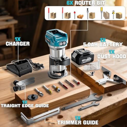 Cordless Compact Router Compatible with Makita 18V Battery, With 1 x 5.0Ah Rechargeable Battery, 6 Pcs Router Bits for Woodworking, 6 Variable Speeds Router With Trim Bits