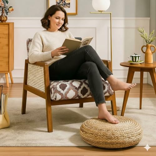 Image of Solid Sheesham Wood Arm Chair with Cushion || Cane Chairs for Balcony || Wooden Chair for Living Room Furniture || Modern Accent Chair for Living Room, Rattan Cane Chairs, Dining Chair Brown Finish