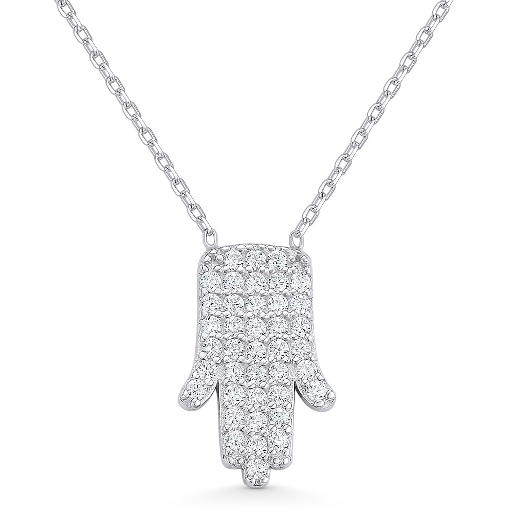 Alfred & Vincent Hamsa Hand Luck Charm Cubic Zirconia CZ Crystal Pendant & Chain Necklace in .925 Sterling Silver