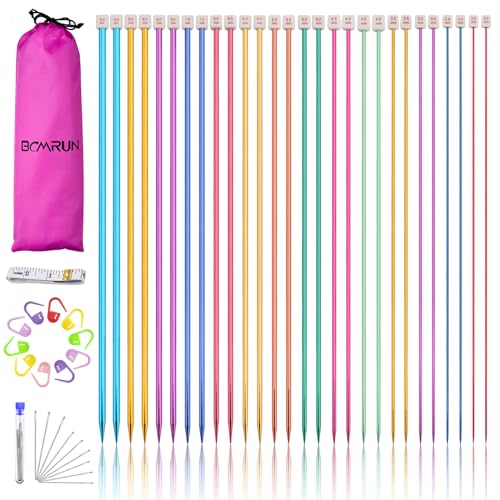 BCMRUN Juego de 28 agujas de tejer de acero inoxidable, agujas rectas de metal de una sola punta de colores, 14 tamaños de 2 a 10 mm, 9.8 pulgadas de longitud para tejer a mano (25 cm)