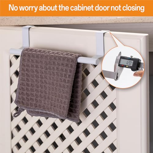 Image of Cabinet Door Towel Bar, Kitchen Towel Holder, White 2 Pack | Extended Anti-Slip Arm, EVA Scratch Guard Pads, No-Drill Install, Stainless Steel Dish Towel Holder, Kitchen Towel Rack