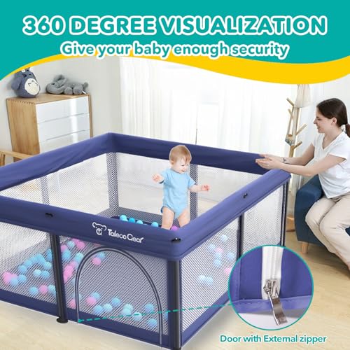 Image of Foldable Baby Playpen for Babies and Toddlers, 50x50 Inch Portable Play Yard, Collapsible Play Pen with Mat, Visible Mesh, 50 Ocean Balls, Indoor /Outdoor Baby Fence Activity Center for Home