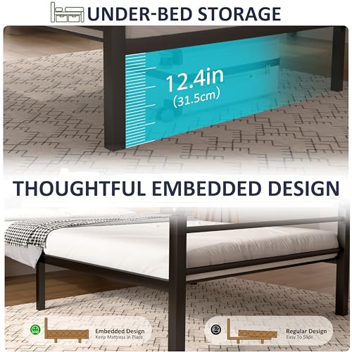 Image of J.Fkne Twin Bed Frame with LED Lights & Charging Station, Metal Platform Bed with Headboard, Heavy Duty Metal Slats, No Box Spring Needed, Noise Free, Easy Assembly, Black