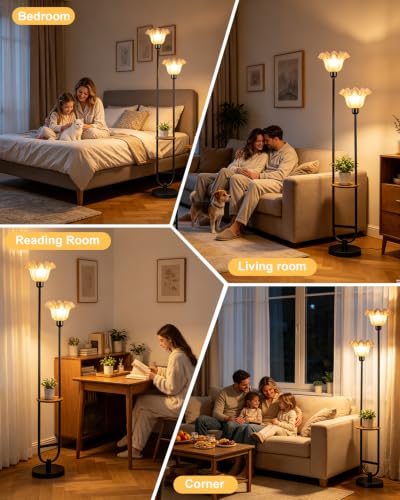 Image of 2-Light Flower Floor Lamp with Side Table, Dimmable Floor Lamp with 3000K Warm White Bulbs, Modern Black Metal Tall Standing Lamp for Living Room Bedroom Sofa Corner Home Decor