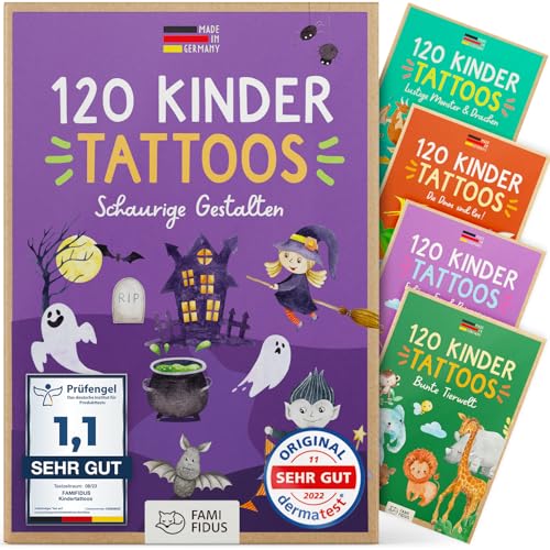 Famifidus 120 hautfreundliche HALLOWEEN Kinder Tattoos I I Dermatologisch SEHR GUT I Kindertattoos MADE IN GERMANY I Tattoo Kinder I Unsere Tattoos für Kinder