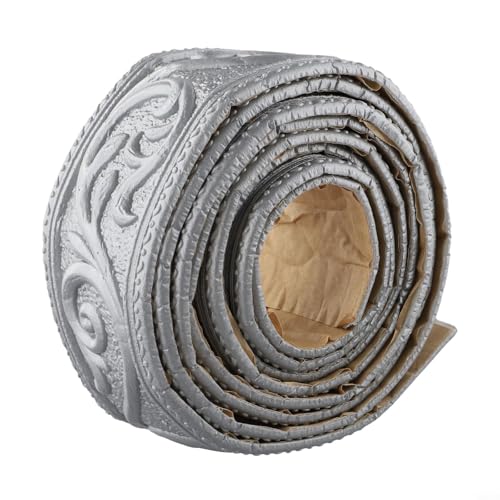 3D Wall Tiles Foam Skirting Board Peel and for Stick Trim for DIY Home Decor, Moisture Proof Edging Self for Adhesive Border, Cut to Size Molding for Living Room Wall Decoration, White(Silver&Gray)