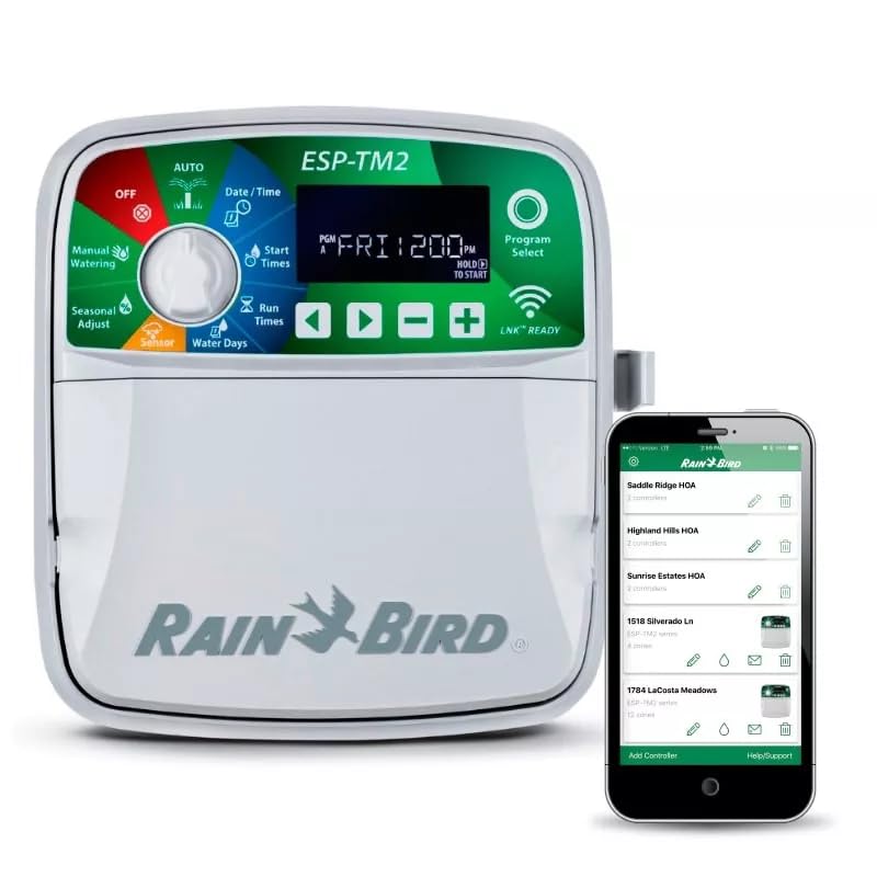 RIEGOPRO – Programador de Riego RAINBIRD ESP-TM2 Interior 24V 4 Zonas | Compatible con WiFi LNK2 | 3 Programas, 12 Arranques, Sensor de Lluvia, Control de Bomba y Ajuste Estacional