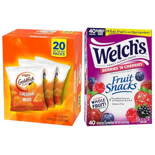 Goldfish and Welch’s Fruit Snacks for Back to School, 1 Box of Goldfish Cheddar Cheese Snack Packs (20 Count) and 1 Box of Welch’s Berries ‘N Cherries Fruit Snack Packs (40 Count)
