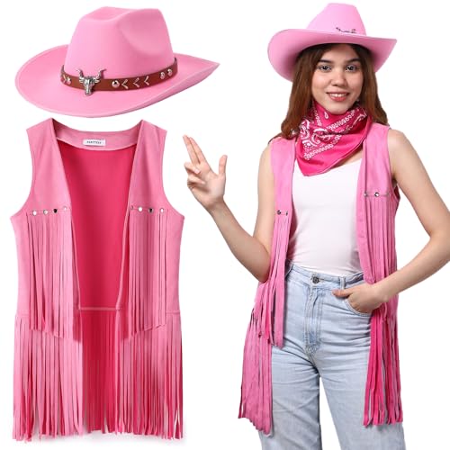 PARTTELY Western Outfits for Women Cowgirl Tassel Sleeveless Vest Cowboy Hat and Paisley Bandana pink
