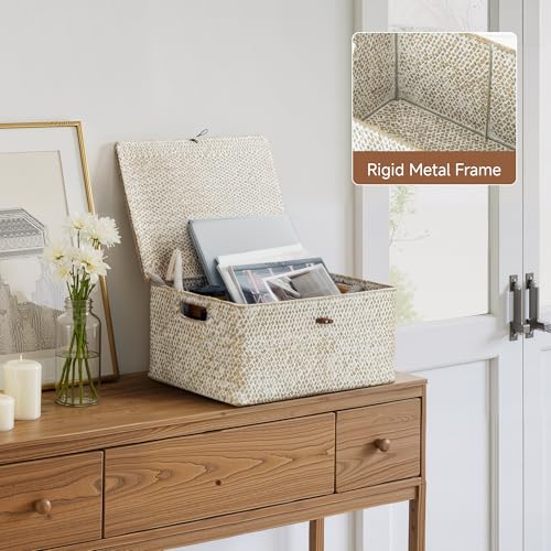 Image of StorageWorks Wicker Basket with Lid, Storage Baskets with Lids, White | Woven Baskets with Lids for Shelves, Wicker Storage Baskets with Lids, Lidded Baskets for Organizing, Large, 1 Pack