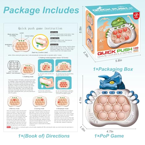 Fast Push Game,Dinosaurs Fast Push Bubble Game,Handheld Light Up Pop It Game,More Challenging Portable Puzzle Game Machine for Kids 3-12 Years Old Birthday Gift (Blue Triceraosaur) - Image 6