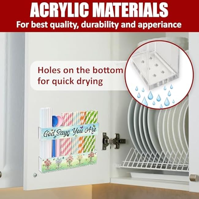 Acrylic Straw Holder for Cabinet Door or Countertop - Clear Organizer & Dispenser with Stickers for Reusable Tumbler Straws, Space-Saving Kitchen Accessories Container, Cupboard Storage