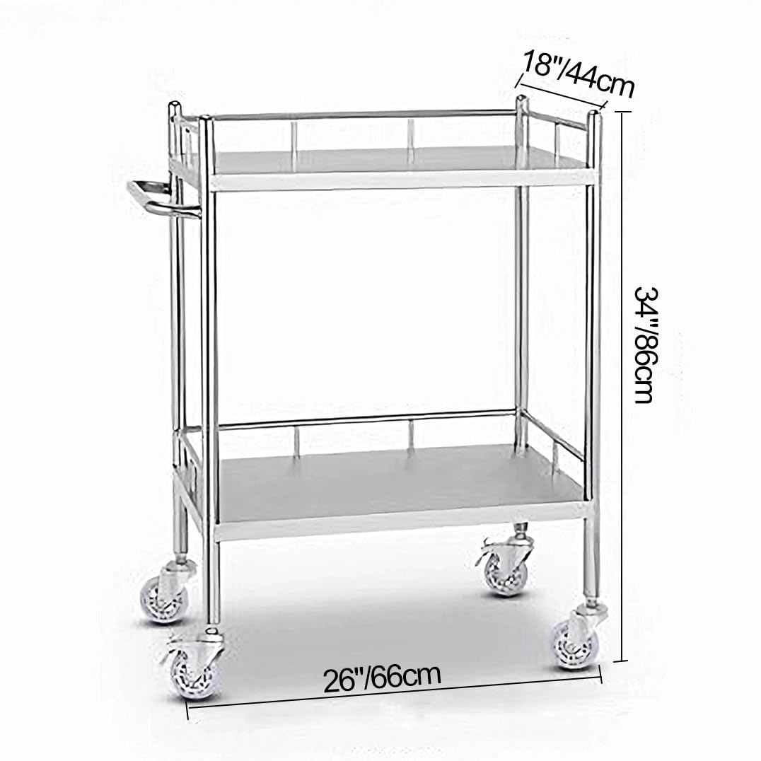 BREZO Rolling Tool Cart, 2 Shelf Stainless Steel Utility Cart, Kitchen Rolling Carts, Trolley Cart with 360° Silent Wheels for Hotel Restaurant Home Use (Color : No Drawers, Size : L 26