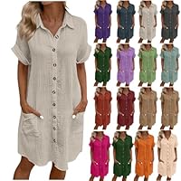 Womens Shirt Dress Casual Short Sleeve Lapel Button Down Dresses Loose Tunic Summer Beach Cover Up with Pockets Beige Large