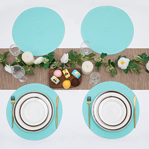 Image of SHACOS Round Placemats Set of 4 Washable 15 inch Round Table Mats Cotton Polyester Woven Braided Place Mats for Dining Table Wedding Party Decor (Aqua, 4)