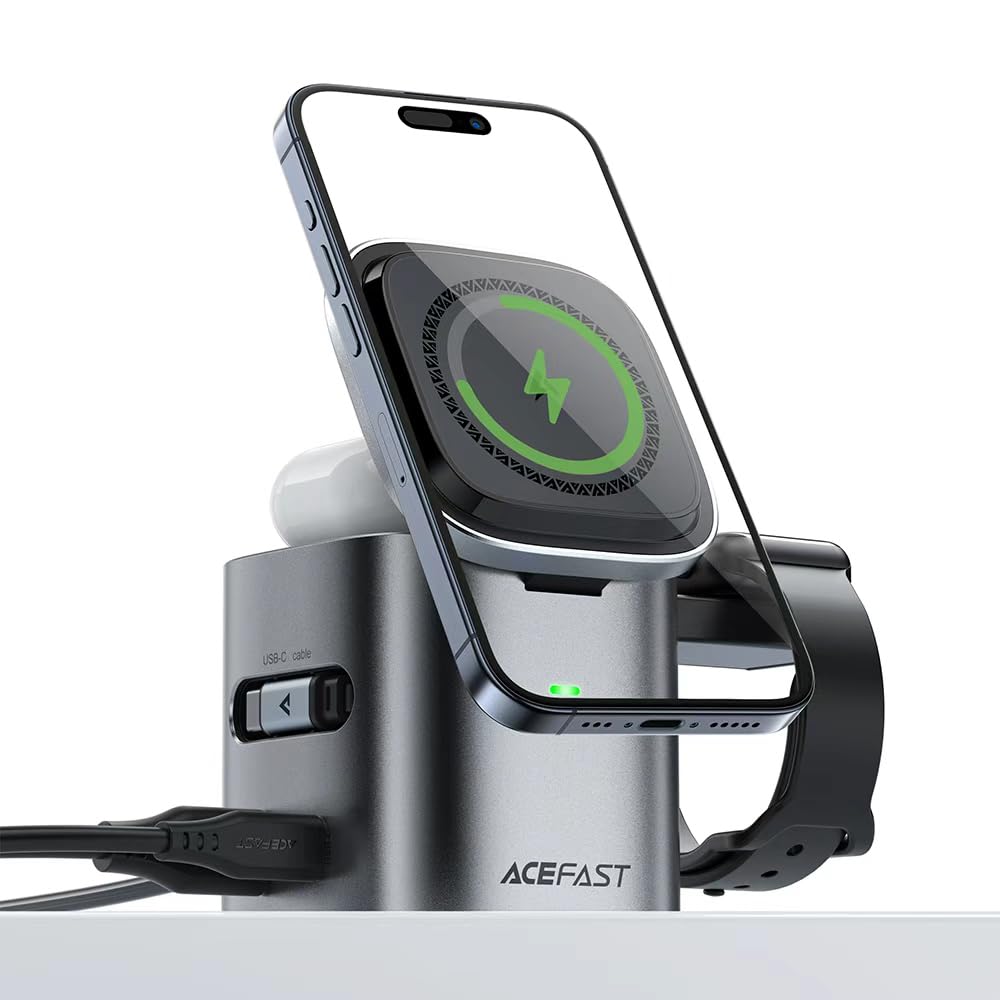 ACEFAST 6-in-1 100W GaN Fast Charging Station for iPhone 17 16 Series,with USB C Retractable Cable,Qi2 25W Magnetic Wireless Charger Desktop Stand for iWatch/for Samsung Galaxy Watch/Airpods