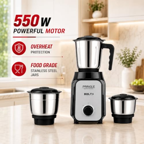 Image of Pringle Bolt 550W 3 Jar Mixer Grinder for Kitchen | 3 SS Jars (Wet & Dry Grinder & Chutney) | Stainless Steel Blades | Compact & Powerful | 2 Yr Warranty | Black Silver