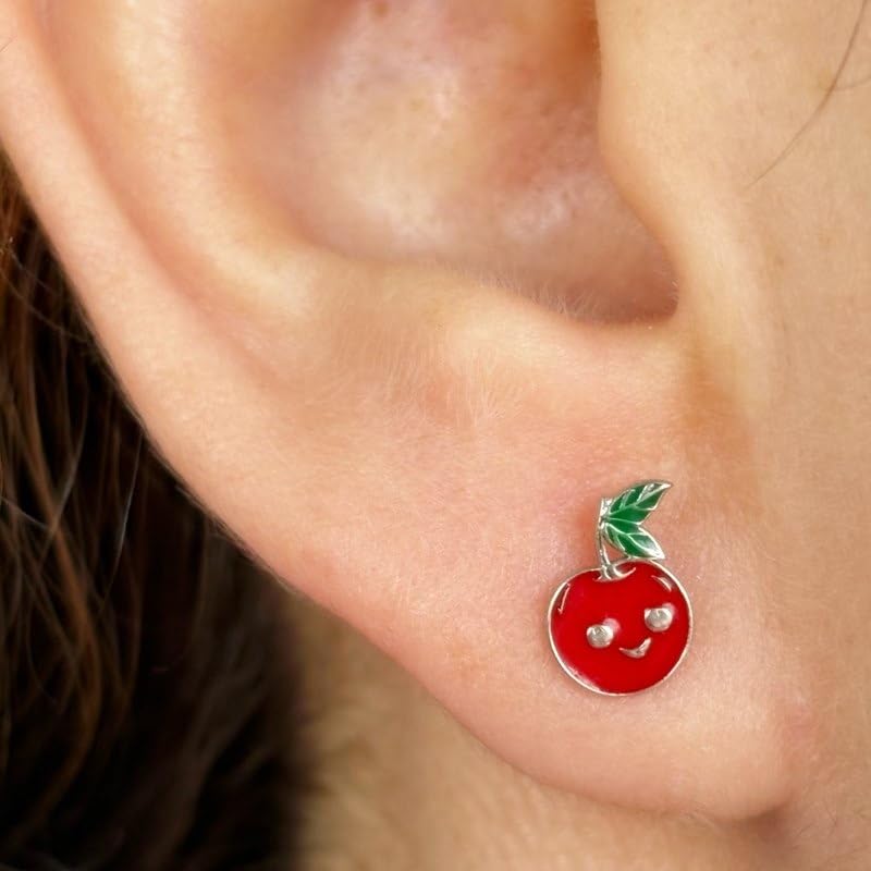 Pendientes de cerezas para niñas plata hipoalergénica tipo dormilonas con cierre rosca 2