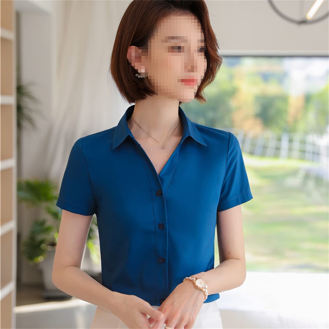 Oficina señoras Trabajo Formal Camisa Mujer Manga Corta Verano Cuello en V Slim Negocios Formal Gasa Blusas Blue XL