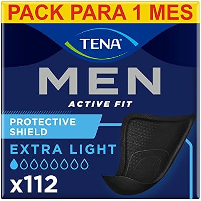 TENA Men Level 0 x112 - Compresa Protectora Fina para Hombre - Para Incontinencia y Goteo Ocasional,112 Unidades - Color Negro - Paquete Mensual (8x14), El embalaje puede variar