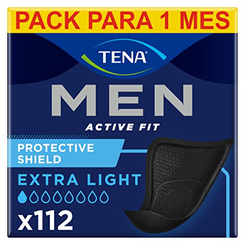 TENA Men Level 0 x 112 - Compressa protetora fina para homem - para incontinência e gotejamento ocasional, 112 unidades - cor preta - pacote mensal (8 x 14), a embalagem pode variar