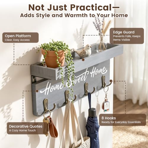 buways Key Holder Wall Mount with 8 Hooks and Cozy Home Sign (Gray) - Image 4