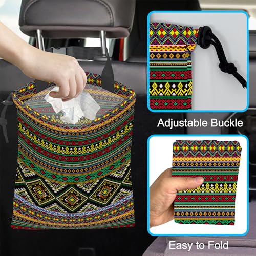 Image of Car Trash Bag Hanging Green Ethnic Style Car Trash Can Waterproof Garbage Bag Hanging for Car Back Seat