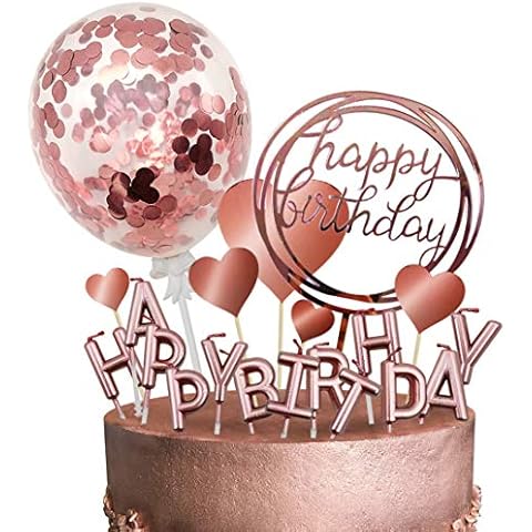 MOVINPE Rose Gold Cake Topper Decoration with Happy Birthday Candles Happy Birthday Banner Confetti Balloon Hearts For Rose Gold Theme Party Decor Girl Women Birthday Party Baby Shower Cover