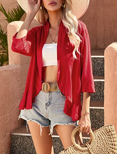Image of Yekaty Women Cardigan 3 /4 Sleeves Open Front Lightweight Cardigan Draped Ruffles Knit Cardigan