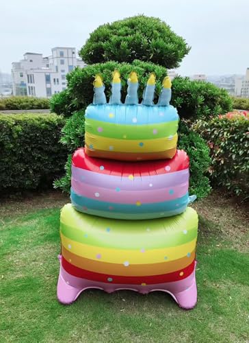 Image of 60 Inch Rainbow Birthday Cake Foil Balloons,Giant 3 Tier Cake Self-Standing Balloon for Girls Boys Kids Birthday Party Supplies,Baby Shower Party Centerpiece Decorations