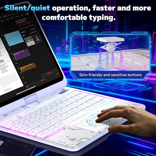 Image of Clear Keyboard Case for iPad Pro 11 Inch (M4 /M5 2024 /2025) 360 Swivel Multi-Touch Trackpad,with Wireless Bluetooth 3-Brightness & 7-Color Backlit, Pencil Holder tecla de acceso directo White