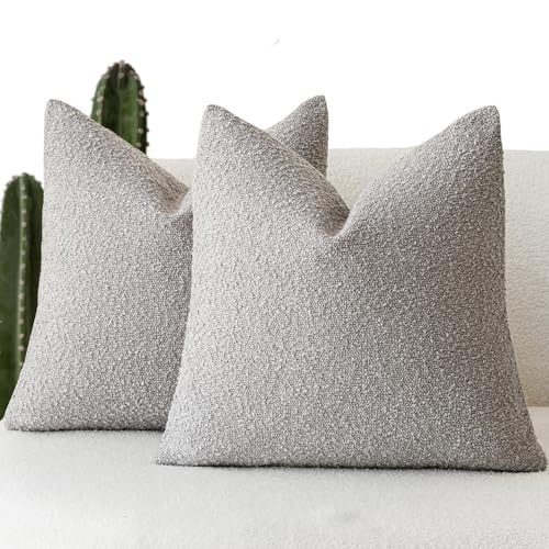 Image of Foindtower Set of 2, Decorative Textured Boucle Throw Pillow Covers Accent Solid Pillow Cases Soft Cozy Couch Cushion Case for Chair Sofa Bedroom Living Room Home Decor 16 x 16 Inch Neutral Grey