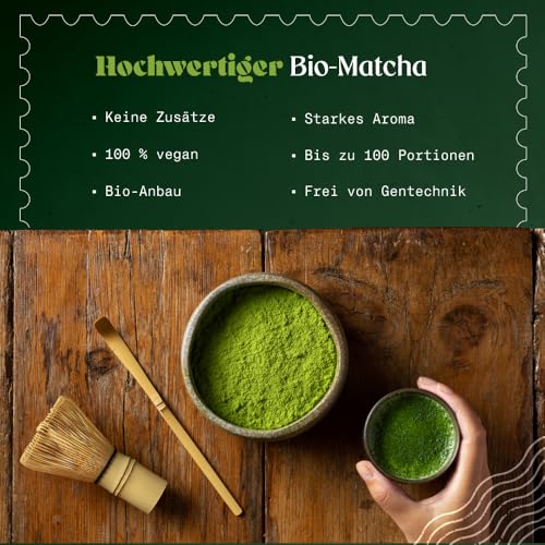 Matcha Tee Pulver Bio - Premium-Qualität - 100g. Original Green Tea aus Japan. Japanischer Matcha ideal zum Trinken. Grüntee-Pulver für Latte, Smoothies, Matcha-Getränk. Hergestellt in Uji, Kyoto.