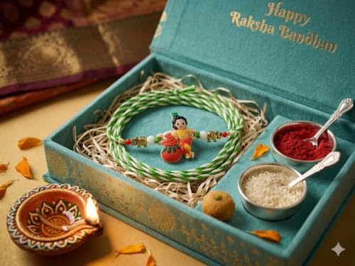 Image of Cartoon Kanha Bal Krishna and Car Rakhi for Baby /Kids Brother /Sister | Combo for Kids | Rakhi with Greeting Card & Roli Chawal