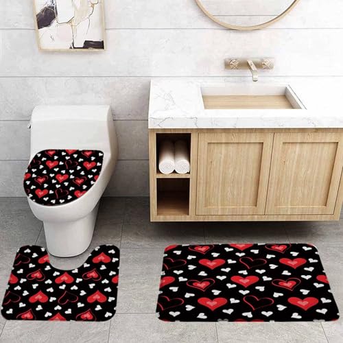 VPUPCN Valentine's Day 3 Pcs Bath Rugs Set,Red Heart Romantic Love Sweet Couple Modern Black Background Bathroom Kitchen Rug with 16